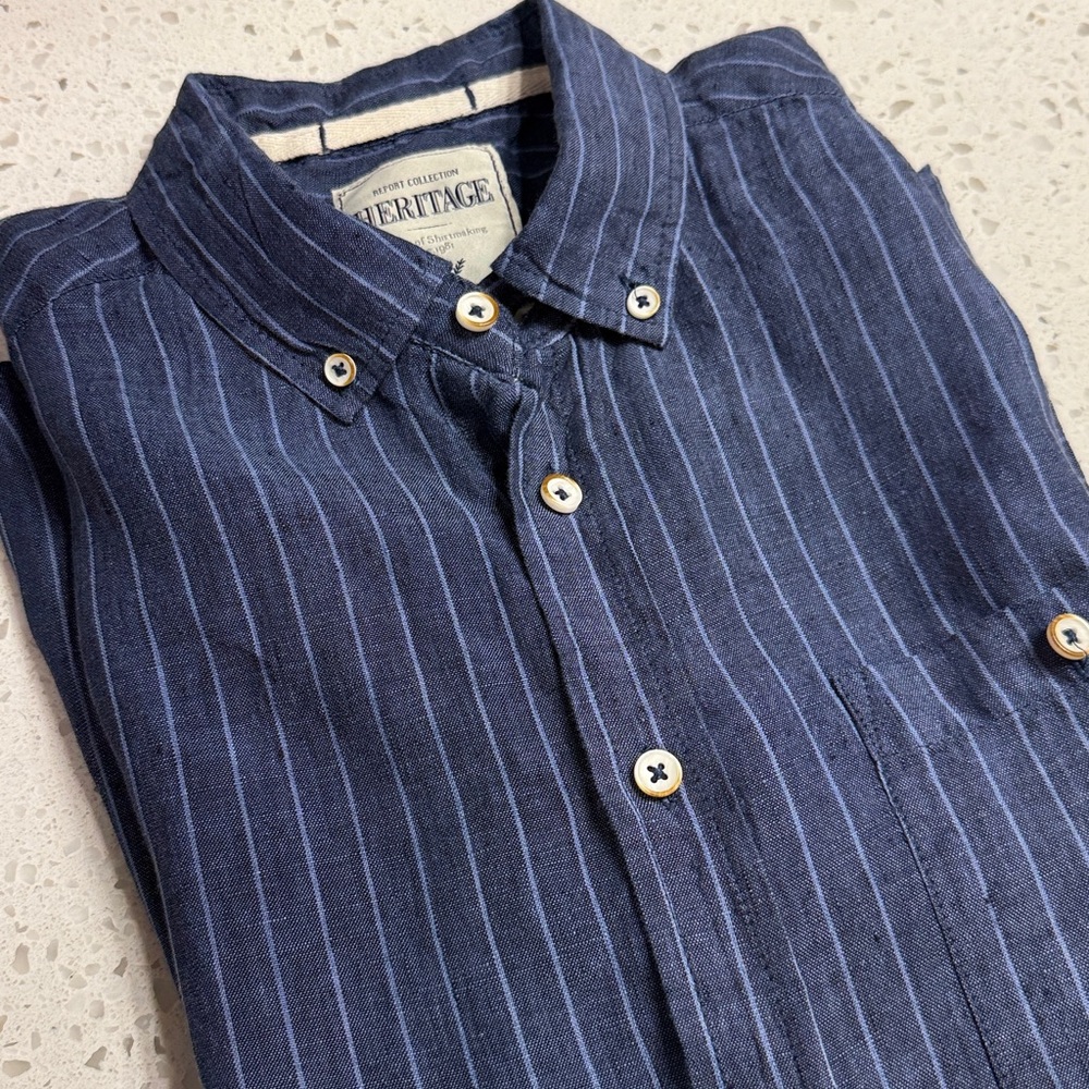 Heritage Report Collection Linen Dark Blue Pinstripe Shirt Camp summer Mens SZ M